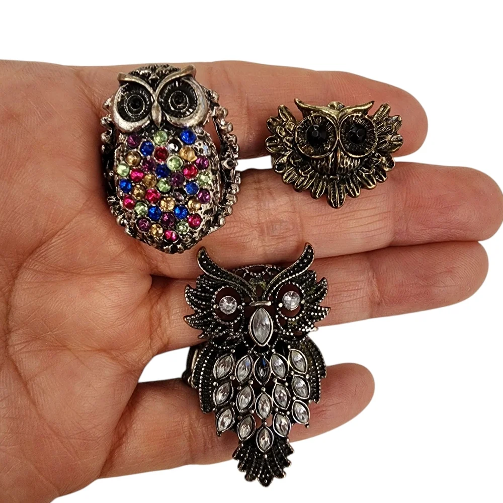 Bundle of 3 Owl Rings Antique Silver And Brass Tone With Rhinestones - Picture 9 of 15